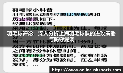 羽毛球评论：深入分析上海羽毛球队的进攻策略与防守漏洞